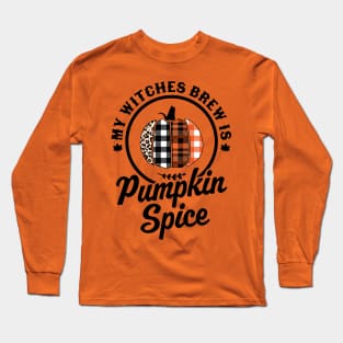 My Witches Brew Is Pumpkin Spice Halloween Plaid Leopard Long Sleeve T-Shirt